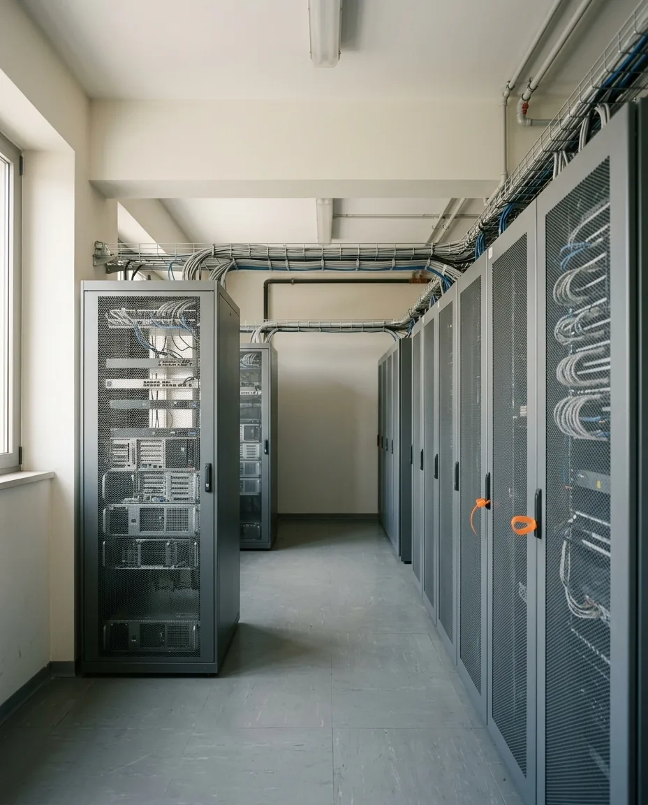 Corridoio con armadi rack chiusi e cavi ordinati su canalina in una sala tecnica